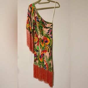 Farm Rio Macaw Leaves One-Shoulder Midi Dress with Fringe